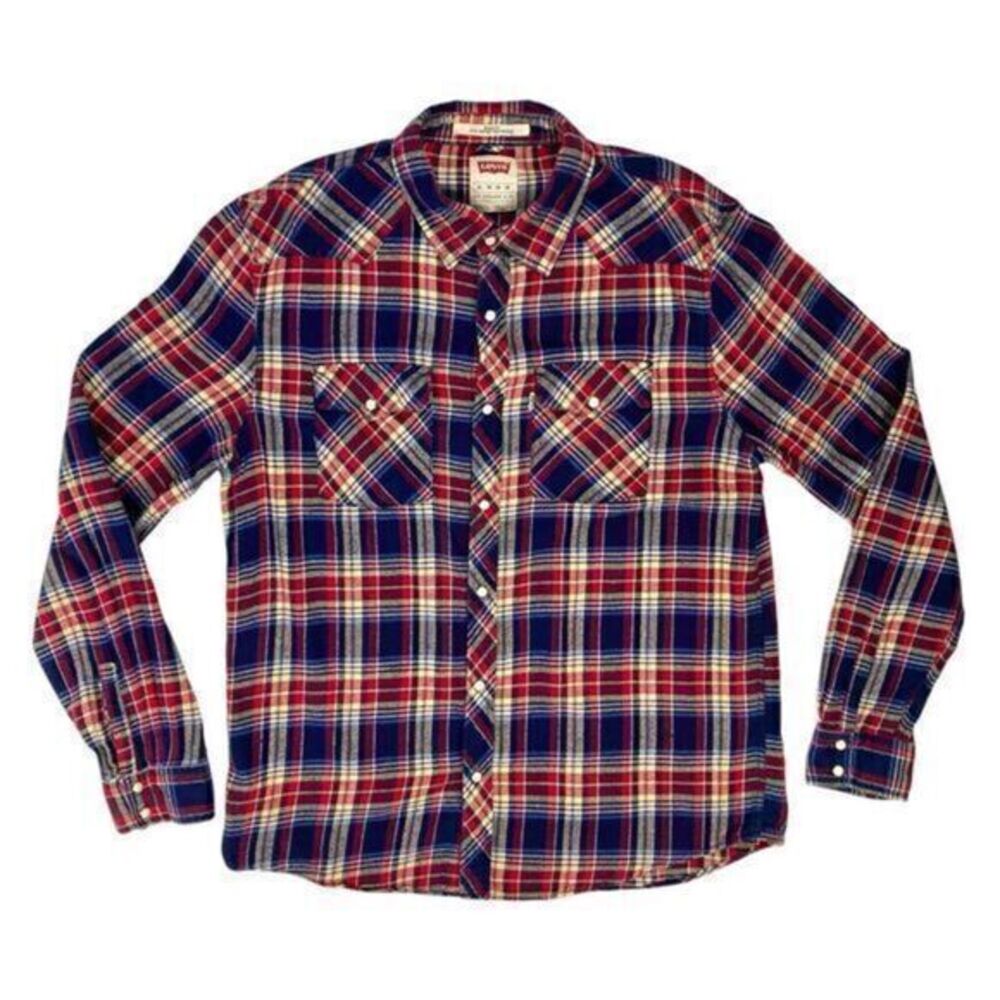 Levis Flannel Shirt Mens Size XL Red Blue Western Plaid Farmhouse Core Button Up